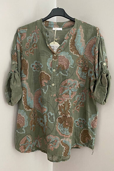 AYASOFYA OTANTIK Women's Italian Khaki Three-Button Collar Star Flower Patter...