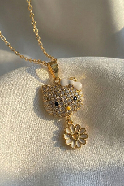 Elifsu Jewelry قلادة هيلو كيتي من الفولاذ مرصعة بحجر الزركون بتفاصيل زهرة الأ...