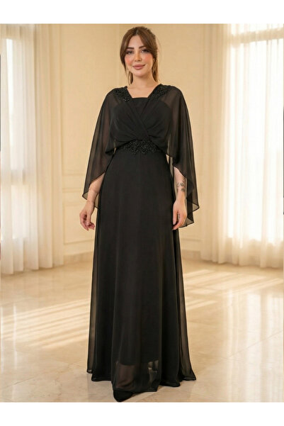 Nice Model Regal Black Chiffon Evening Gown Flowing Cape Design with Sparklin...
