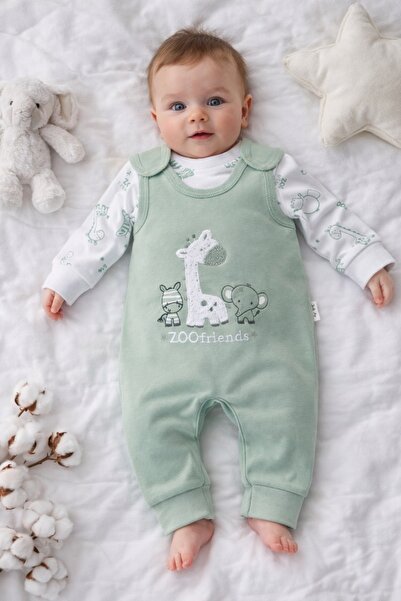 Pure Boutique Set bebe 2 piese verde salopeta si bluza bumbac zoo friends