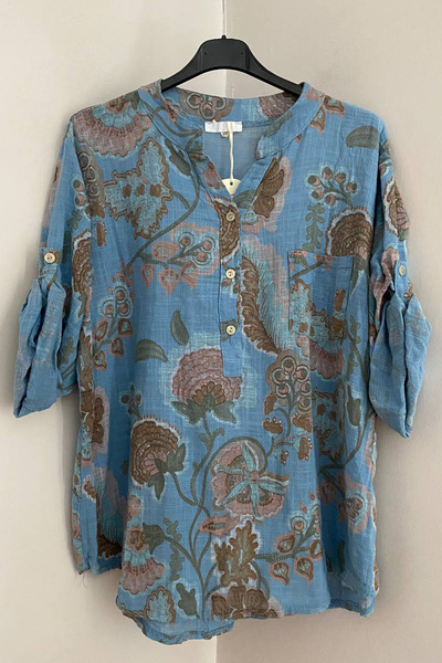 AYASOFYA OTANTIK Women's Italian Blue Three-Button Placket Collar Star Flower...