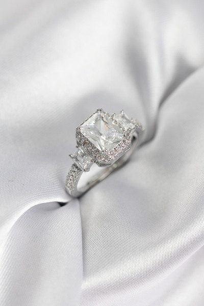 STİLLOVE Silver Color Square Baguette Zircon Stone Single Stone Model Women's...