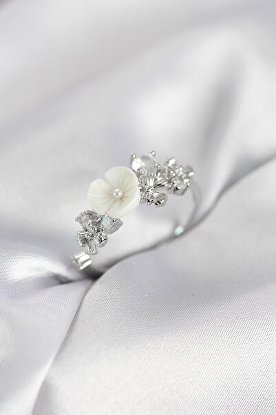 STİLLOVE خاتم نسائي من النحاس الفضي اللون مزين بحجر الزركون على شكل زهرة