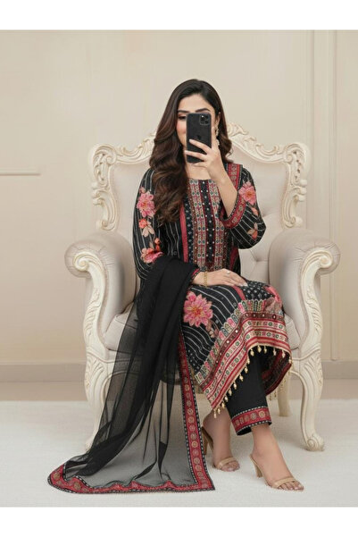 MYSMAR Black Muslin Top Bottom & Dupatta - HRT6915 | Black