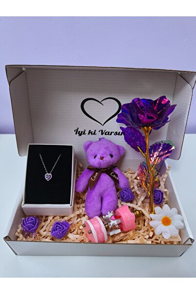 RAWEZON Mor Konsept - Çelik Mor Kalp Kolye- Sonsuzluk Gülü-Anahtarlık-Atlı Ka...