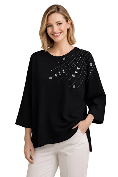 Bİ.GİYSEN Women's Black Crew Neck Shoulders Crystal Stone Flower Embroidered ...
