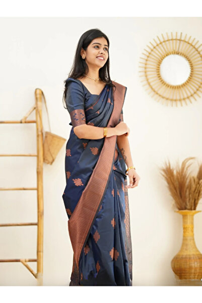 MYSMAR Dark Greyish Blue Semi Silk Saree - MAF3054 | Dark Greyish Blue