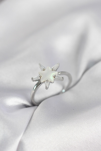 STİLLOVE خاتم نسائي من الفضة اللونية مرصع بحجر الزركون اللؤلؤي على شكل نجمة