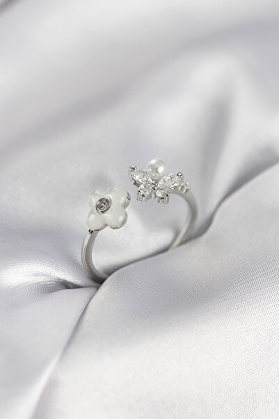 STİLLOVE Silver Color Pearlescent Flower Model Women's Ring