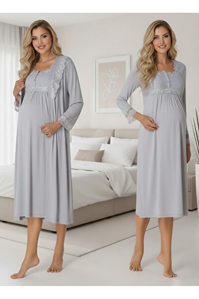 Lohussa Women's Gray Long Sleeve Stylish Lace Detailed Buttoned 100% Cotton M...