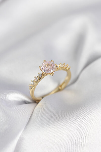 STİLLOVE Gold Color Pink Single Stone Model Zircon Stone Women's Ring