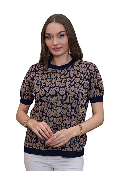 Bİ.GİYSEN Women's navy blue crew neck leopard print lycra soft touch short sl...