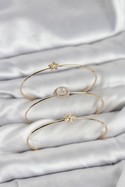 STİLLOVE Zircon Stone Gold Color Single Stone Model 3-Piece Women's Bracelet ...