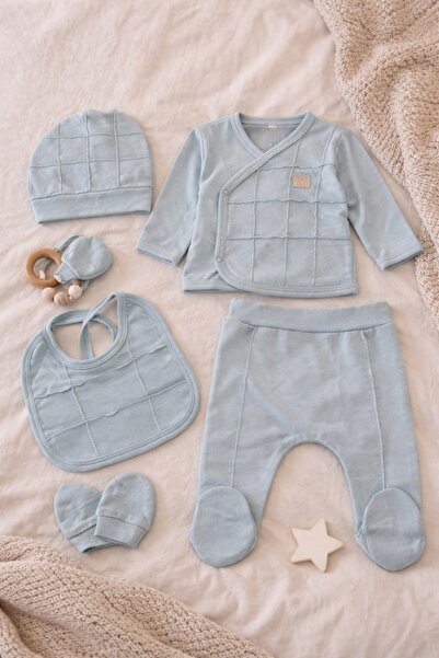 Pure Boutique Set bebe 5 piese verde pastel bumbac bluza pantaloni caciula ma...
