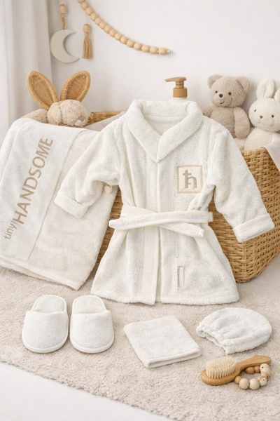 Pure Boutique Set baie bebe 5 piese alb ivory halat prosop papuci premium