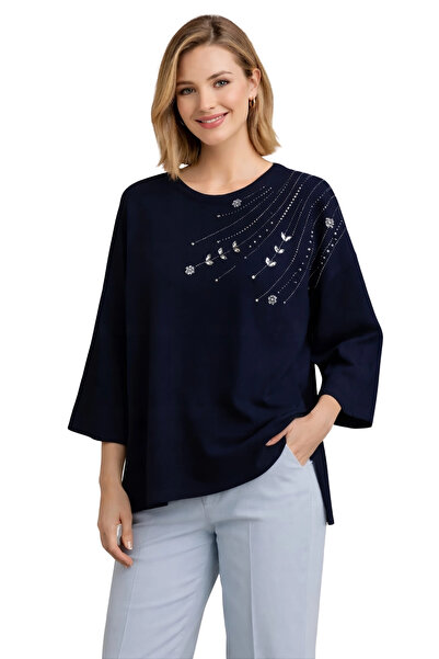 Bİ.GİYSEN Women's Dark Blue Crew Neck Shoulders Crystal Stone Flower Embroide...