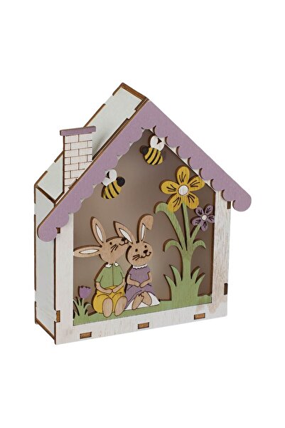 OEM Decorative Wooden Easter House with Bunnies & 3 LEDs 13.5x4x15cm