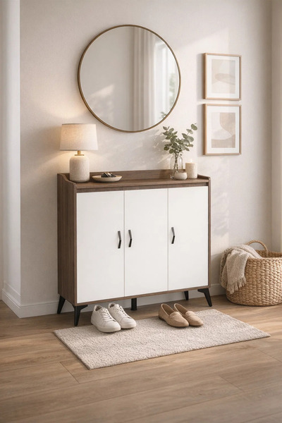 MARIA HOMES Modern Brown and White Shoe Cabinet Three Door Storage Organizer ...