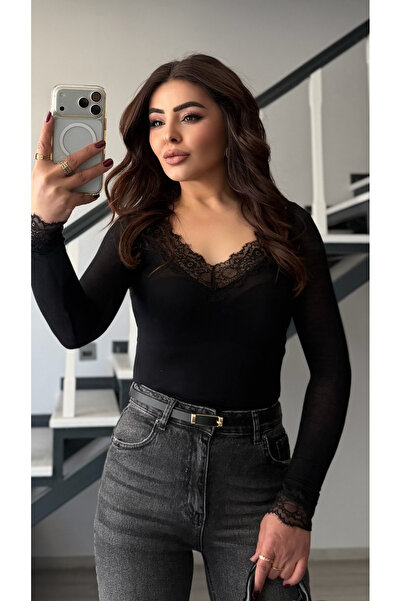 Oslove بلوزة سوداء من الدانتيل المودال