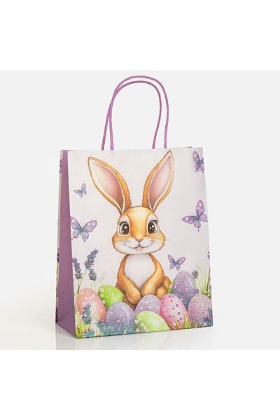 OEM Geanta Cadou Ecru cu Iepuras Oua & Fluturi cu Glitter Holografic 20x10x25cm