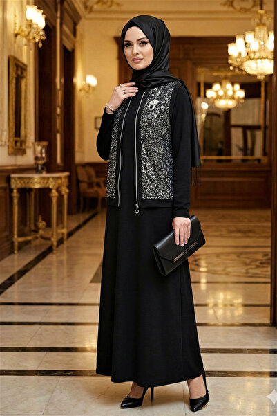 MR.MODAMİRA Kadın Pamuk Viskon Siyah İkili Davet Tarz Özel Tasarım Pul Payet ...