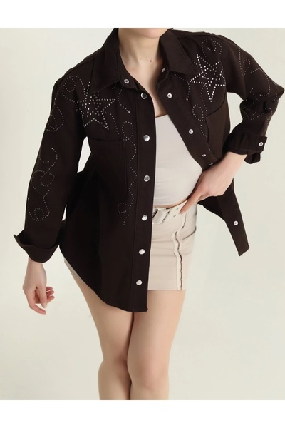 diğer588 Kahverengi İşlemeli Tasarım Kadın Kot Gömlek Ceket