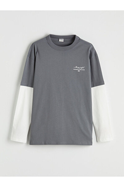 LC Waikiki Γκρι μπλουζάκι για αγόρια με λαιμόκοψη ποδηλάτου και εσωτερικά μακ...