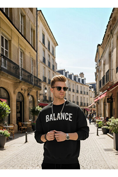 KVİNS Men's Black "Balance" Written Crew Neck Premium Sweatshirt