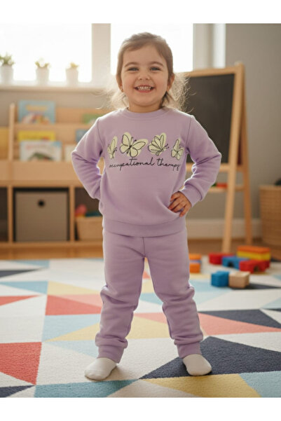 MONJER Girl's Lilac Butterfly Printed Top and Bottom Tracksuit Set