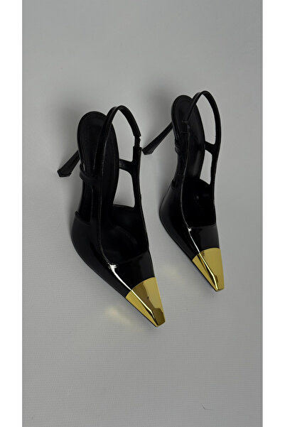 Naz Luxury Shoes JESSİ GOLD METAL UÇLU STİLETTO SİYAH