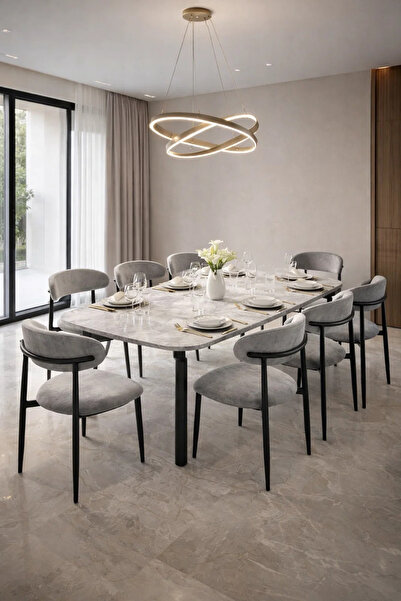 MARIA HOMES Grey Marble Dining Table Set with 8 Chairs – Modern 220×100cm