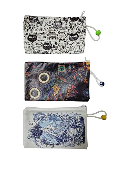 TGD_Designs Hayvan Figürlü 3'Lü Makyaj Çantası Avantaj Seti,Kalemlik,Cüzdan A...