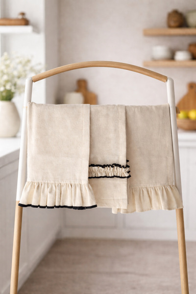 Mirilliahome 3-Piece Cotton Linen Drying Towel Set with Ruffles for Kitchen