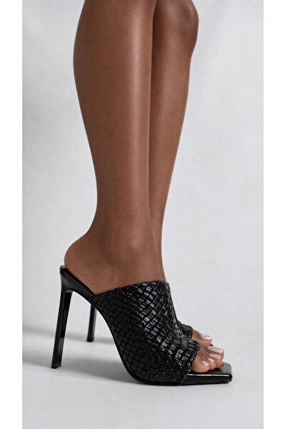 Naz Luxury Shoes MOJİZ ÖRGÜ TOPUKLU TERLİK SİYAH