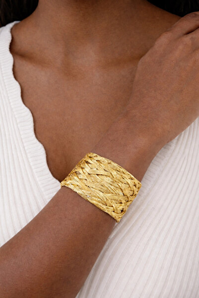 naaksesuar Gold Renkli Çelik Örgü Tasarım Kelepçe Bilezik