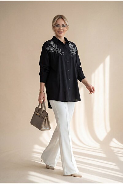 Modamorfo Floral Bead Patterned Buttoned Strawberry Shirt -Black