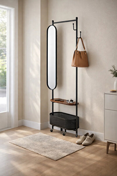 MARIA HOMES Modern Mobile Coat Rack Stand with Oval Mirror Shelf and Basket S...