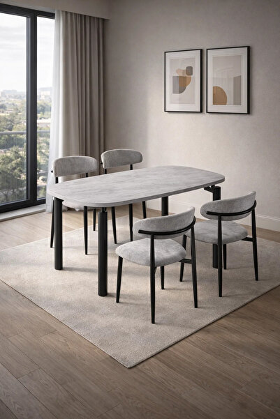 MARIA HOMES طقم طاولة طعام رمادية بتصميم رخامي مع 4 كراسي – 160×90 سم