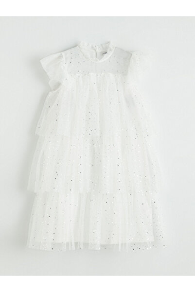 LC Waikiki Ekru Fırfır Yaka Kız Çocuk Kat Kat Tütü Elbise