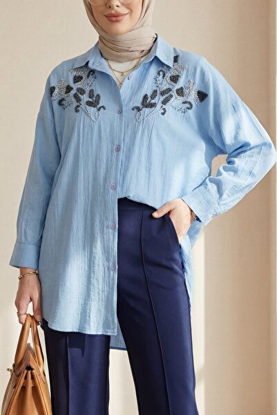 Modamorfo Floral Bead Patterned Buttoned Strawberry Shirt -Light Blue