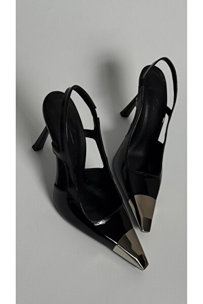 Naz Luxury Shoes JESSİ GÜMÜŞ METAL UÇLU STİLETTO SİYAH