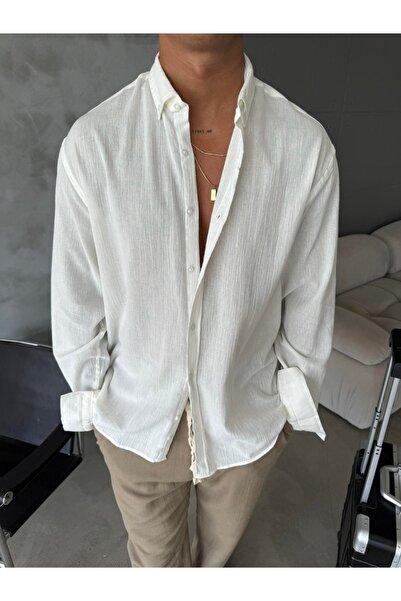 MADZEYMODA Men's White Comfortable Fit Cotton Linen Shirt Ls-19845