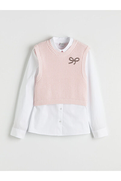 LC Waikiki Meral Collection Beyaz Kız Çocuk Triko Süveter ve Gömlek