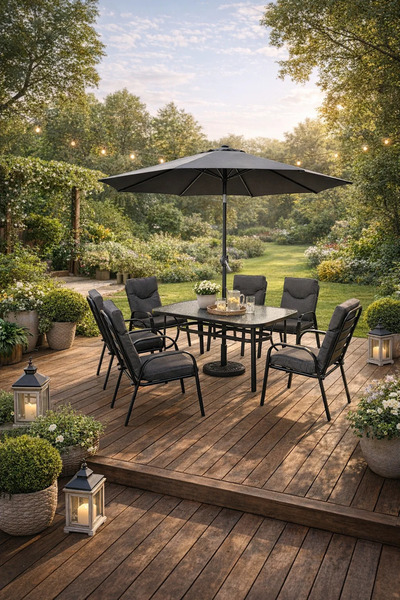 MARIA HOMES Outdoor 6-Seater Dining Set with Parasol Rectangular Table and Co...