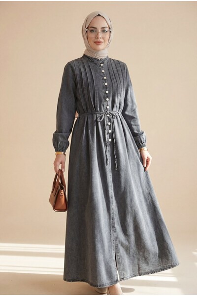 Modamorfo Elastic Sleeves, Lace-Up Waist, Half Buttoned Denim Dress - Smoked