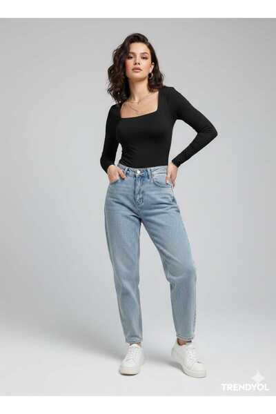 Foola Moda Siyah Kare Yaka Body Kadın Uzun Kollu Esnek Likralı Çıtçıtlı Bodys...