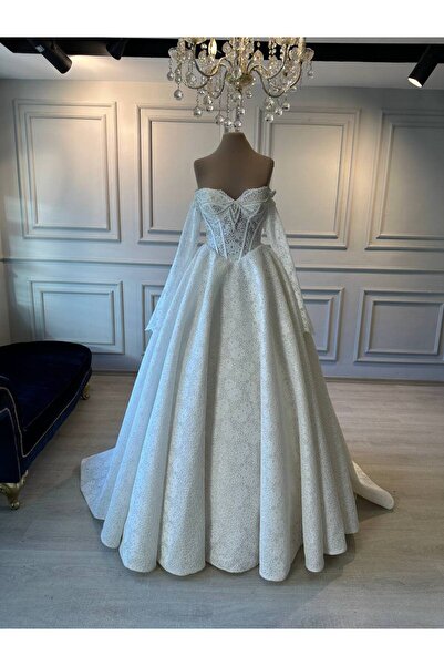 Ezni Atelier Straplez Fransız Dantel Romantik Helen İnci İşlemeli Gelinlik