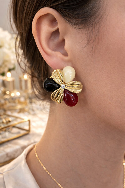 KUPEX Bordo,Siyah,Krem Taşlı Çelik Küpe