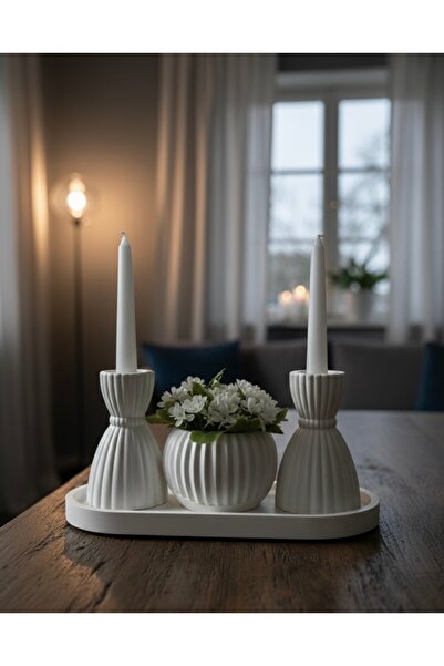 Silver 4'lü Dekoratif Çizgili Şamdan ve Vazo Seti – Mat Beyaz Oval Sunum Tabağı