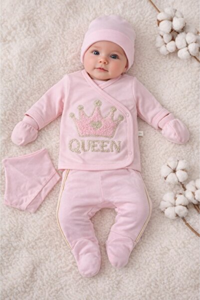 Pure Boutique Set bebe fetita 5 piese roz queen bumbac bluza pantaloni caciul...